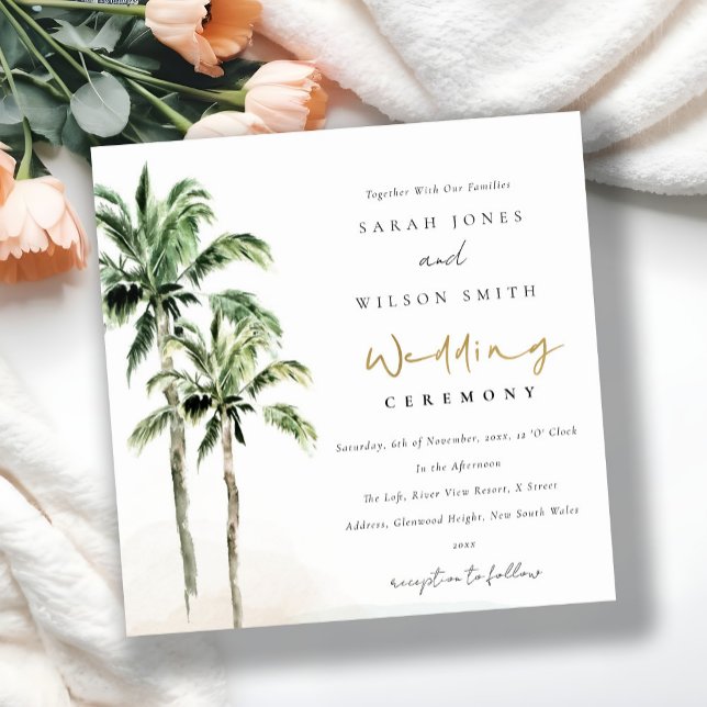 Tropical Beach Palm Trees Watercolor Wedding Invitation (Creator Uploaded)