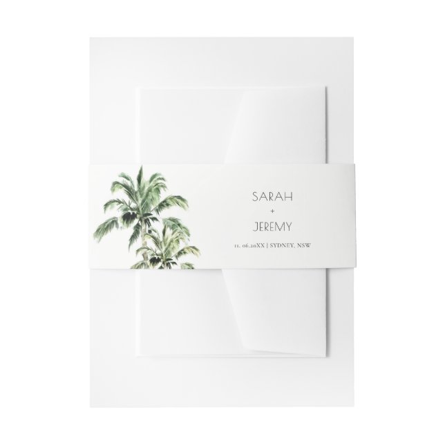 Tropical Beach Palm Trees Watercolor Wedding Invitation Belly Band (Front Example)