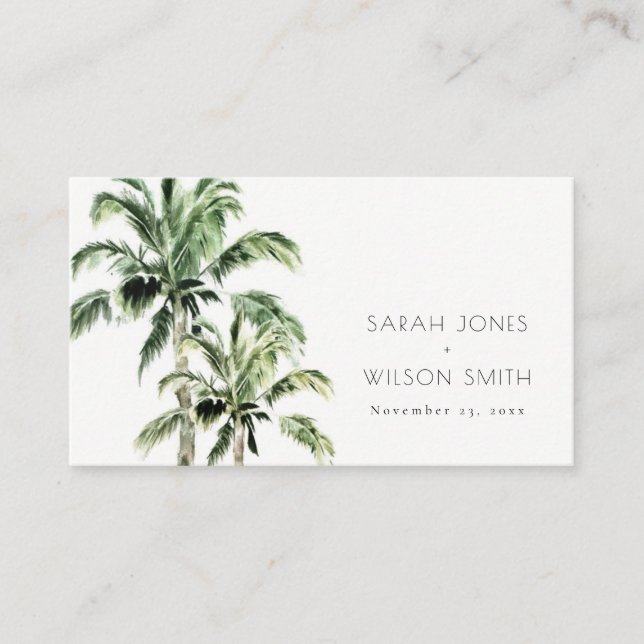 Tropical Beach Palm Trees Watercolor Wedding Place Card (Front)