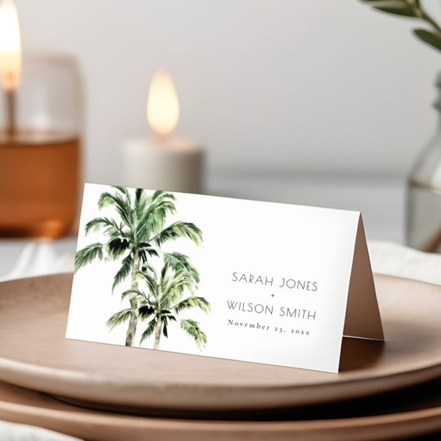 Tropical Beach Palm Trees Watercolor Wedding Place Card (Creator Uploaded)