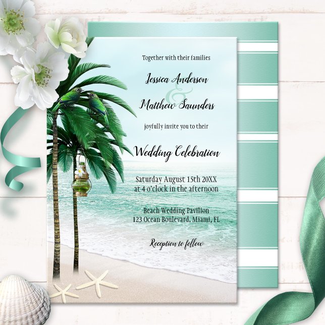 Tropical Beach Palm Trees Wedding Invitation (Tropical wedding invitation featuring a beach with palm trees, parrots and lantern with flowers)
