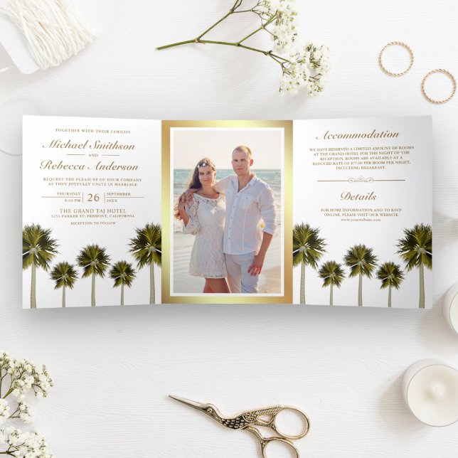 Tropical Beach Palm Trees Wedding Photo Tri-Fold Invitation (Creator Uploaded)