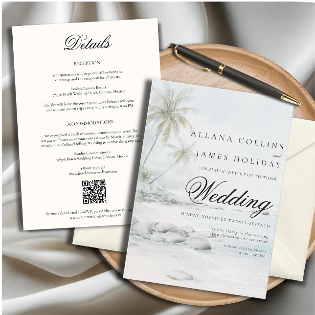 Tropical Beach Palm Watercolor Wedding Invitation (Creator Uploaded)