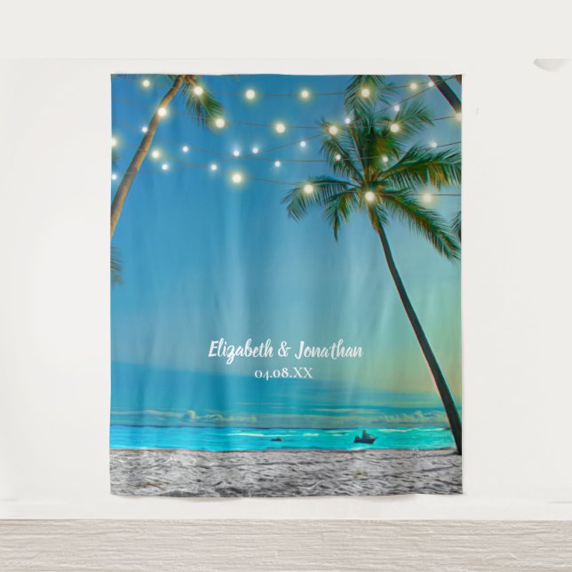 Tropical Beach Palm Wedding Photo Booth Backdrop Tapestry (Front)