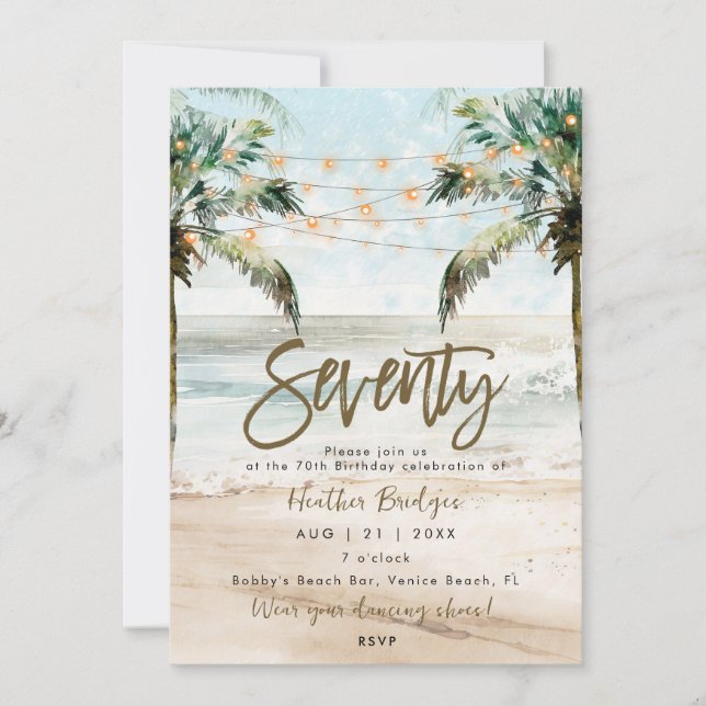Tropical beach palms 70th birthday party invitation (Front)
