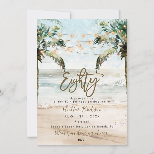 Tropical beach palms 80th birthday party invitation (Front)