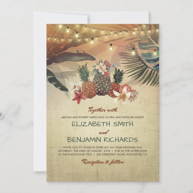 Tropical Beach Palms and Pineapples Wedding Invitation (Front)