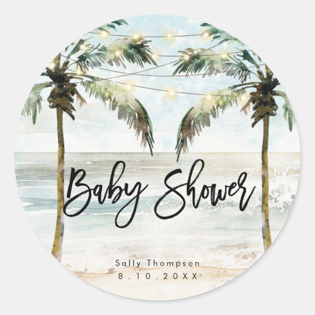 Tropical beach palms baby shower sticker (Front)