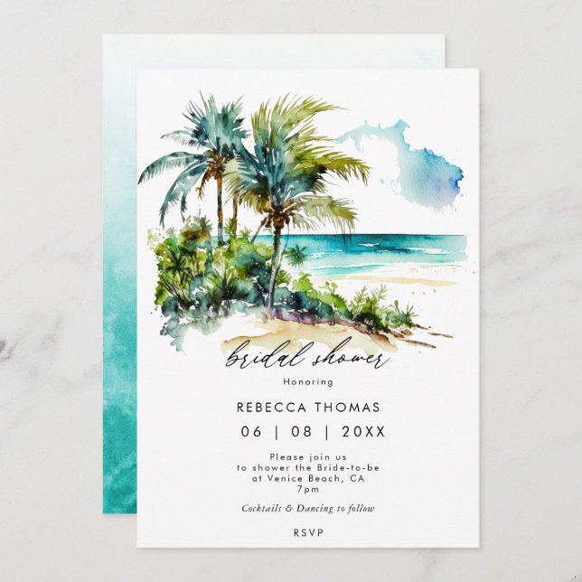 tropical beach palms bridal shower invitation (Front/Back)