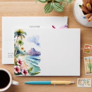 Tropical beach palms hibiscus wedding matching envelope