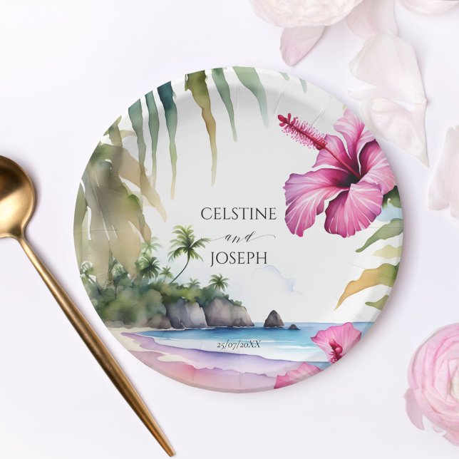 Tropical beach palms hibiscus wedding template paper plate (Tropical beach palms hibiscus wedding template plates beach wedding tableware personalized plates)