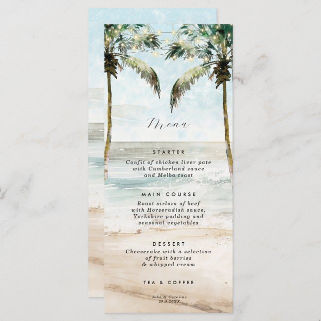 Tropical beach palms lights wedding menu cards (Front/Back)
