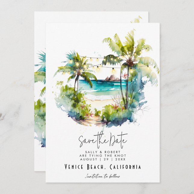 Tropical beach palms save the date card (Front/Back)