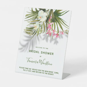 Tropical Beach Palms, Shadows, Pink Floral Bridal Pedestal Sign