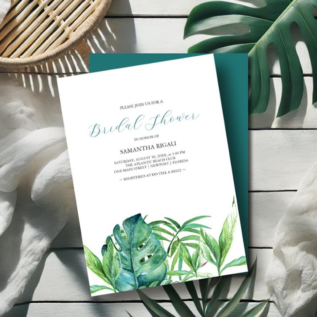 Tropical Beach Palms Watercolor Bridal Shower (Bridal shower invitations watercolor tropical leaves art by Victoria Grigaliunas Do Tell A Belle)