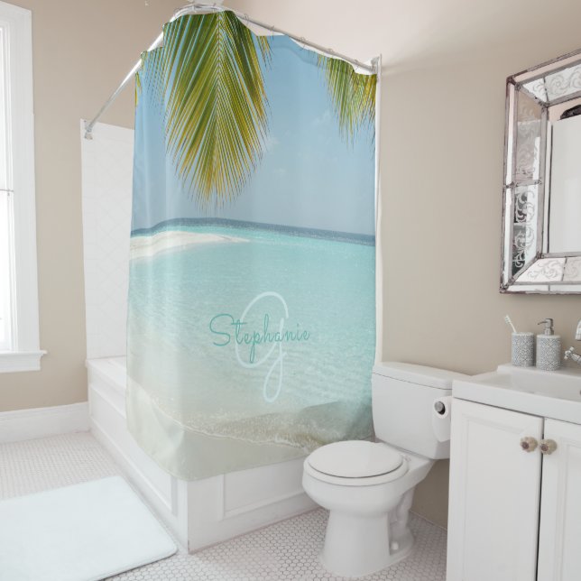Tropical Beach Paradise Monogram Chic Palm Tree Shower Curtain (In Situ)