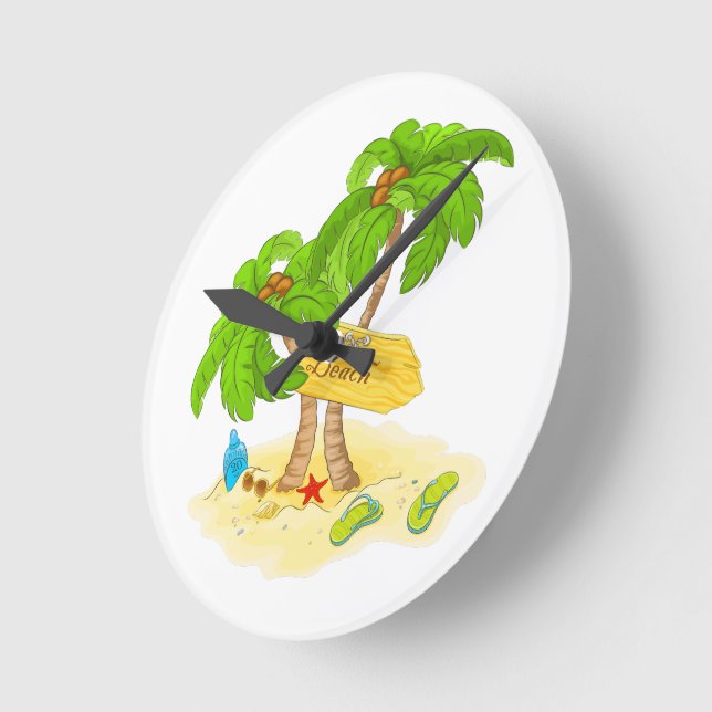 Tropical Beach Paradise Wall Art – Palm Trees, San Round Clock (Angle)