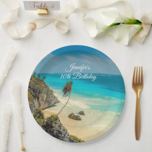 Tropical Beach Paradise with Palm Trees Birthday Paper Plate