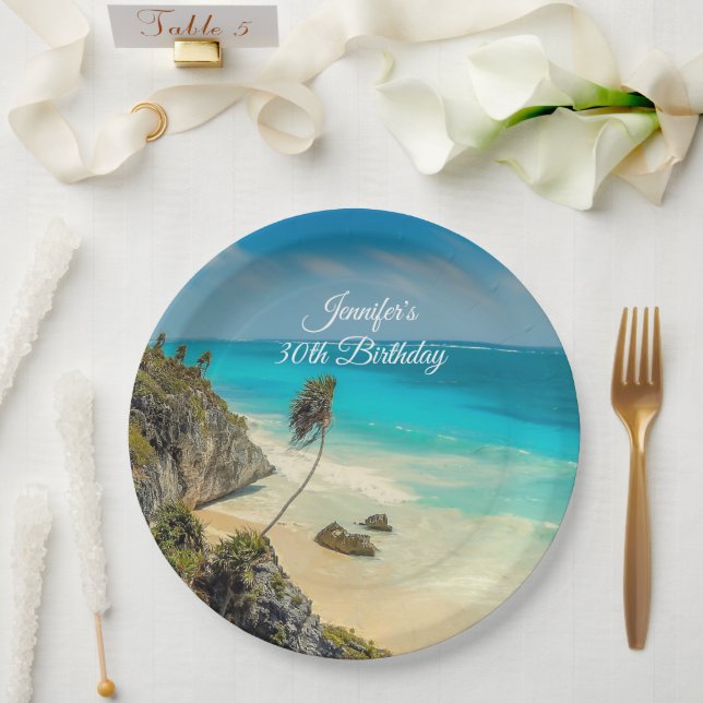 Tropical Beach Paradise with Palm Trees Birthday Paper Plate (Wedding)