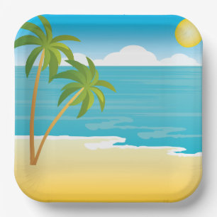 Tropical Beach Paradise with Palm Trees Paper Plate