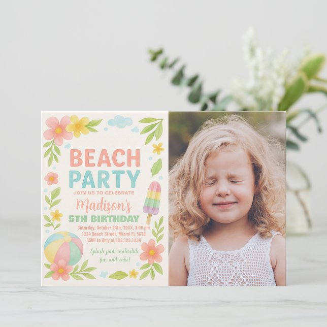Tropical Beach Party Birthday Invitations & Decor (Standing Front)