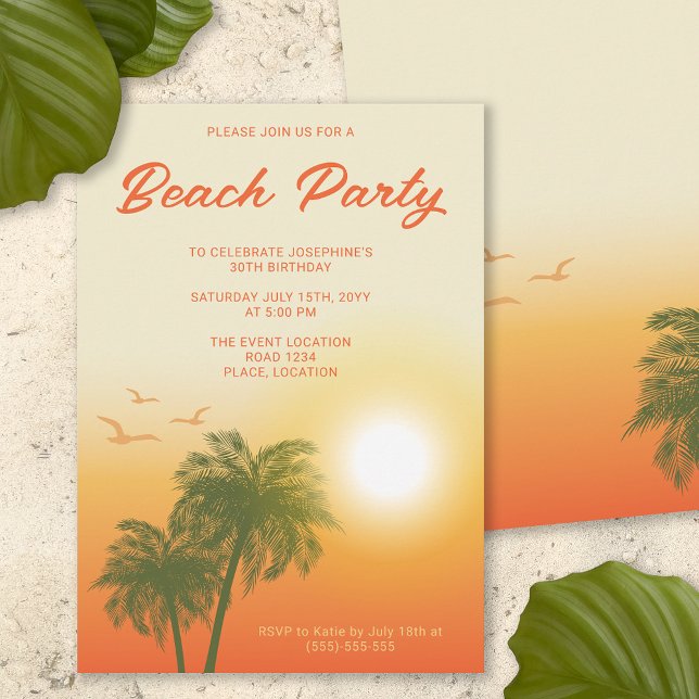 Tropical Beach Party Sunset Palm Trees Birthday Invitation (Creator Uploaded)