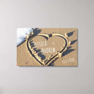 Tropical Beach Personalised Names Heart in Sand Canvas Print