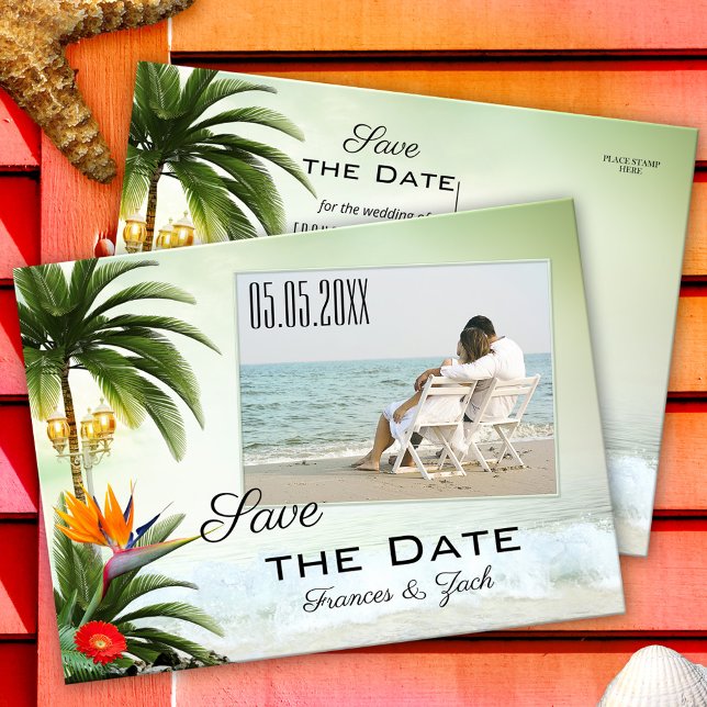 Tropical Beach Photo Save the Date Postcard (Save the Date postcard with your photo on a tropical turquoise beach with palm trees and flowers)