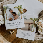 Tropical Beach Photo Wedding Thank You Card<br><div class="desc">Summer beach wedding thank you cards to send our to your wedding guests to show your appreciation of them helping you celebrate your wonderful day. Featuring 2 wedding photos,  the title "beyond grateful" in a elegant scripted font,  tropical watercolor palm trees,  and a personalised thank you note.</div>