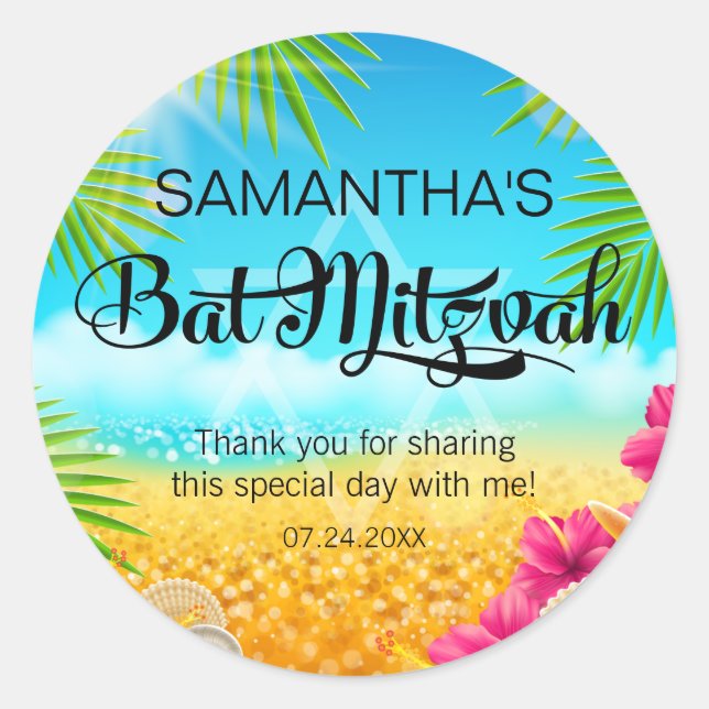 Tropical Beach Pink Hibiscus Bat Mitzvah Classic Round Sticker (Front)