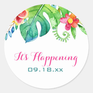 Tropical Beach Pink Teal Floral It's Happening Classic Round Sticker
