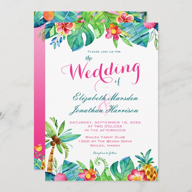 Tropical Beach Pink Teal Floral Ombre Wedding Invitation (Front/Back)