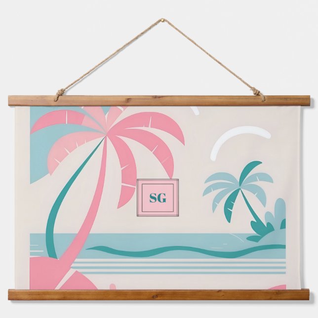 Tropical beach pink teal palm trees hanging tapestry (Front)