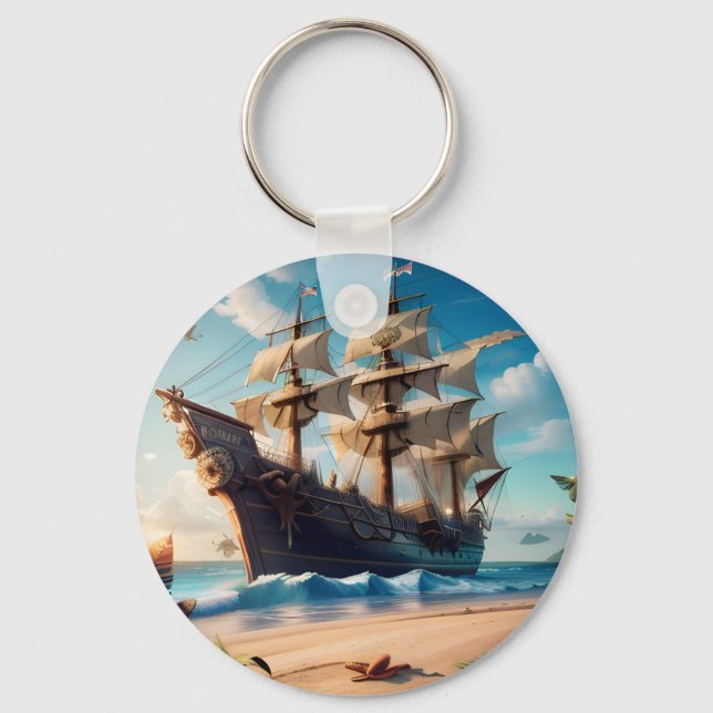 Tropical Beach Pirate Ship Key Ring (Front)