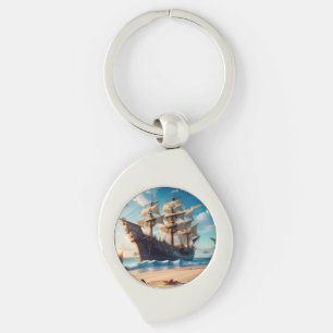Tropical Beach Pirate Ship Key Ring