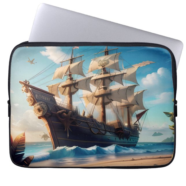 Tropical Beach Pirate Ship Laptop Sleeve (Front)