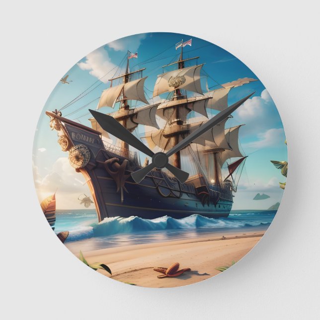 Tropical Beach Pirate Ship Round Clock (Front)