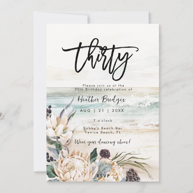 Tropical beach protea 30th birthday party invitation (Front)