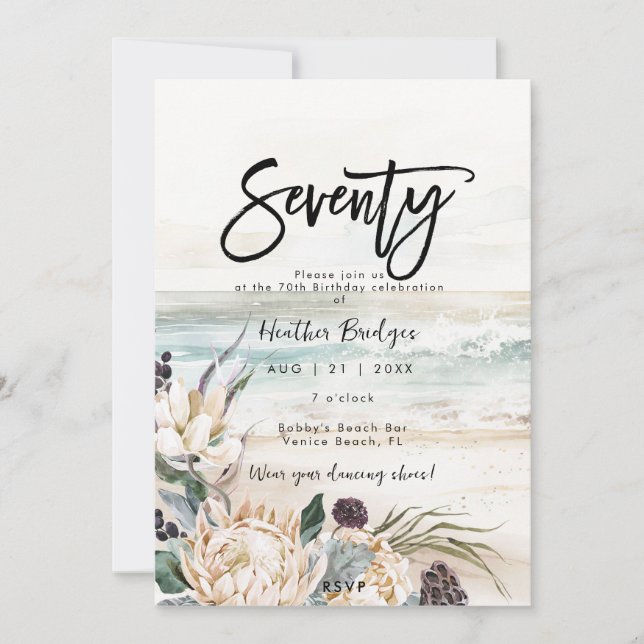 Tropical beach protea 70th birthday party invitation (Front)