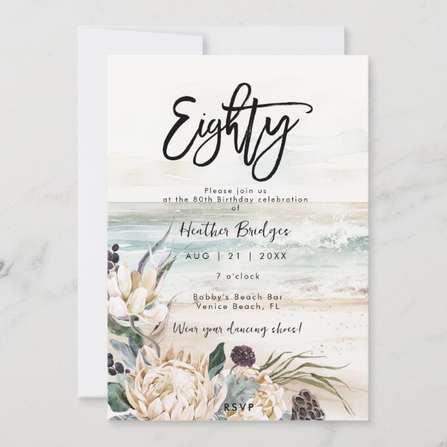 Tropical beach protea 80th birthday party invitati invitation (Front)