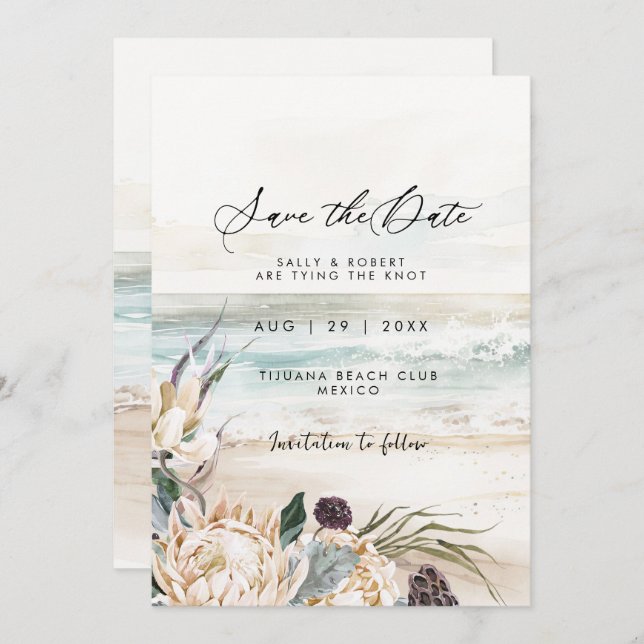 Tropical beach protea floral save the date card (Front/Back)