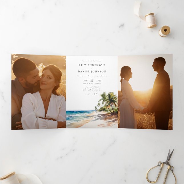 Tropical Beach QR Code 3 Photo Wedding Tri-Fold Invitation (Inside)