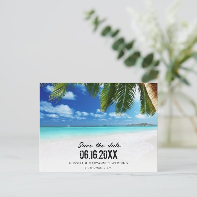 Tropical Beach QR Code Wedding Save the Date Announcement Postcard (Standing Front)