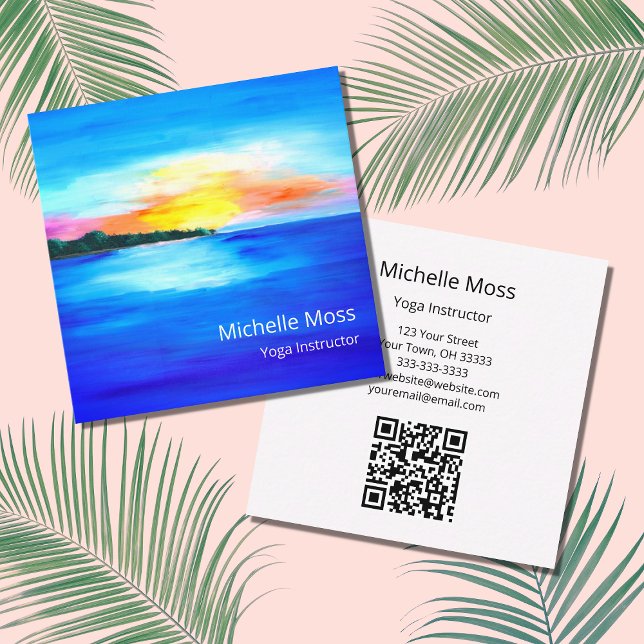Tropical Beach QR code Yoga Instructor  Square Business Card (Creator Uploaded)