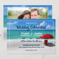 Tropical Beach Red Umbrella Modern Photo Wedding