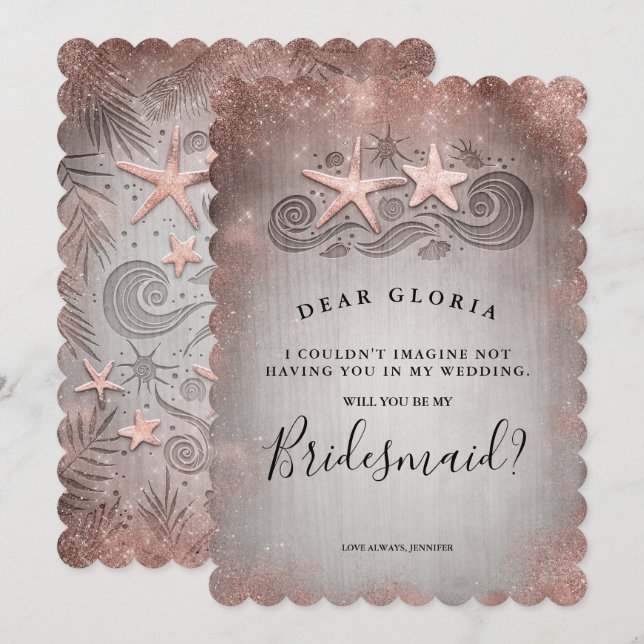 Tropical Beach Rose Gold Bridesmaid Proposal Invitation (Front/Back)