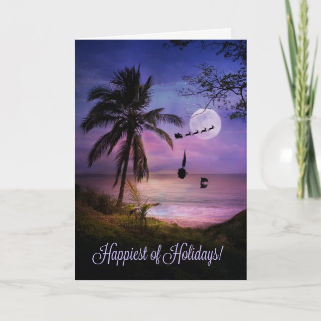 Tropical Beach Sailing Happy Holidays Card (Front)