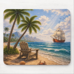 Tropical Beach Sailing Ship Vintage Coastal Scene  Mouse Pad