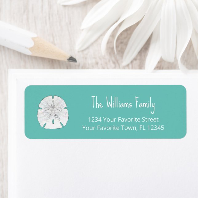 Tropical Beach Sand Dollar Teal Return Address (Insitu)