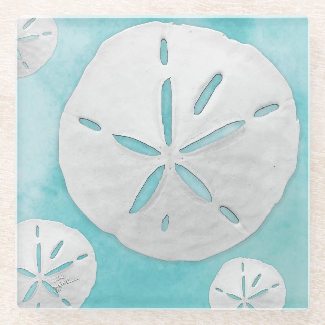 Tropical Beach Sand Dollar Turquoise Watercolor Glass Coaster (Front)